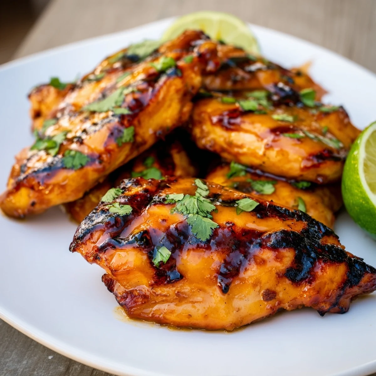 Golden grilled mango chicken breasts brushed with sweet tropical glaze and fresh cilantro