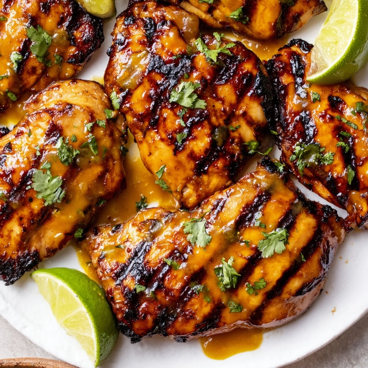 Tender grilled mango chicken with charred grill marks and vibrant mango sauce coating