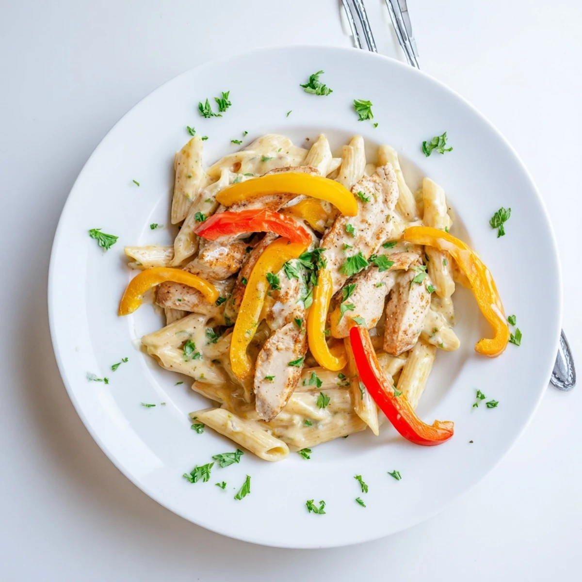 Creamy Cajun chicken penne pasta tossed in a rich spiced sauce with colorful bell peppers