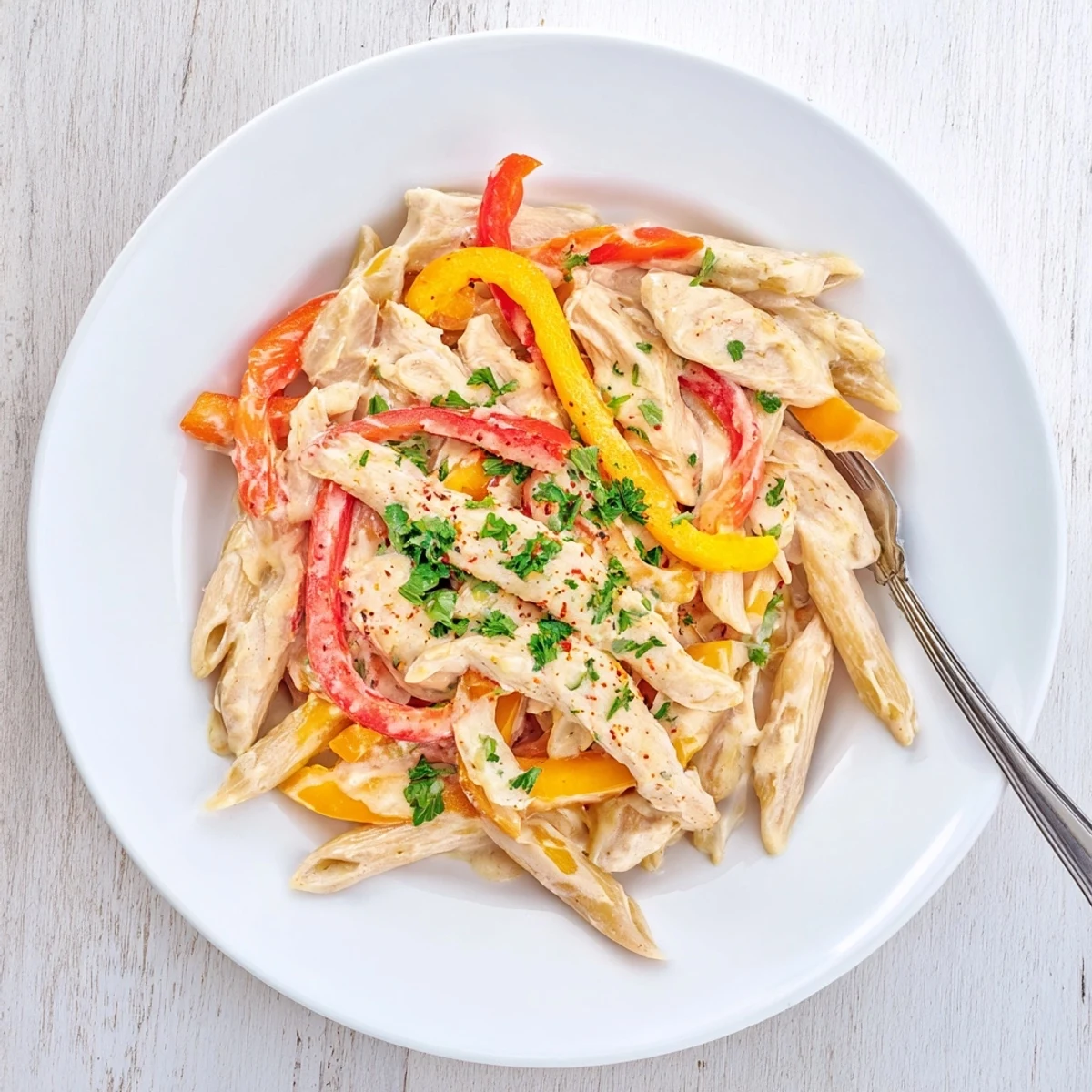 Savory Cajun chicken penne pasta dish topped with fresh parsley and grated Parmesan cheese