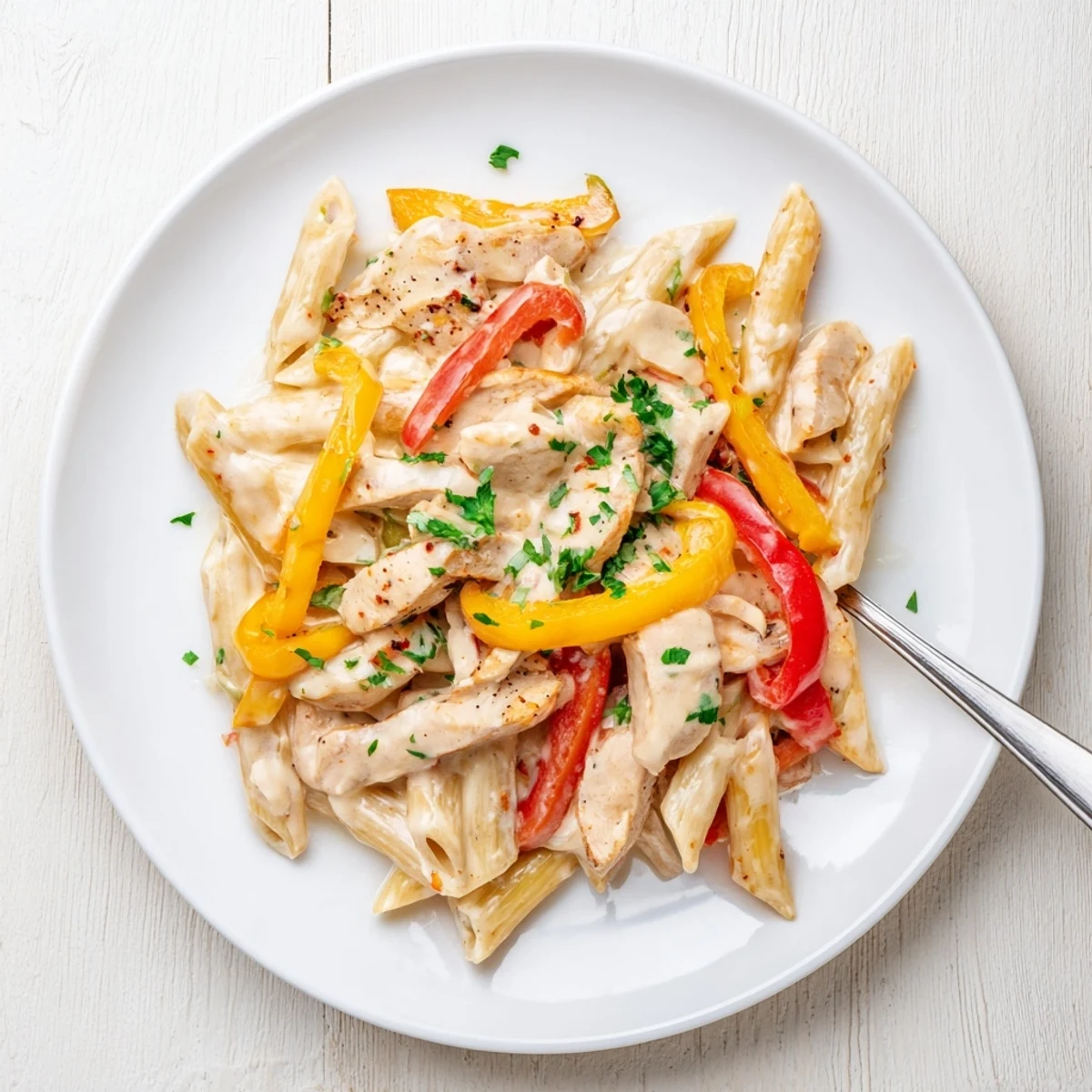 Golden Cajun spiced chicken served over penne pasta in a velvety cream sauce