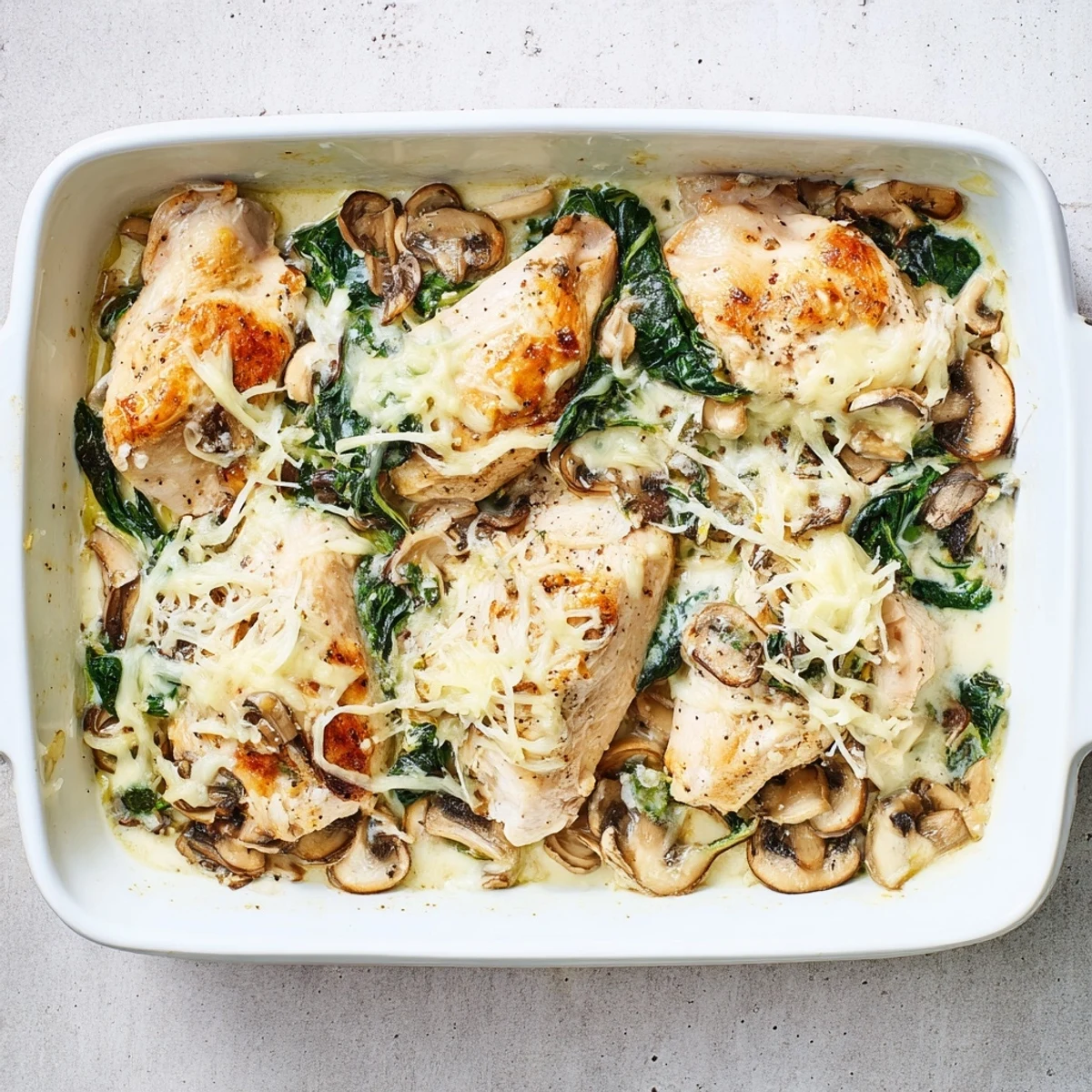 Creamy mozzarella-topped chicken casserole with tender spinach and mushrooms in a baking dish