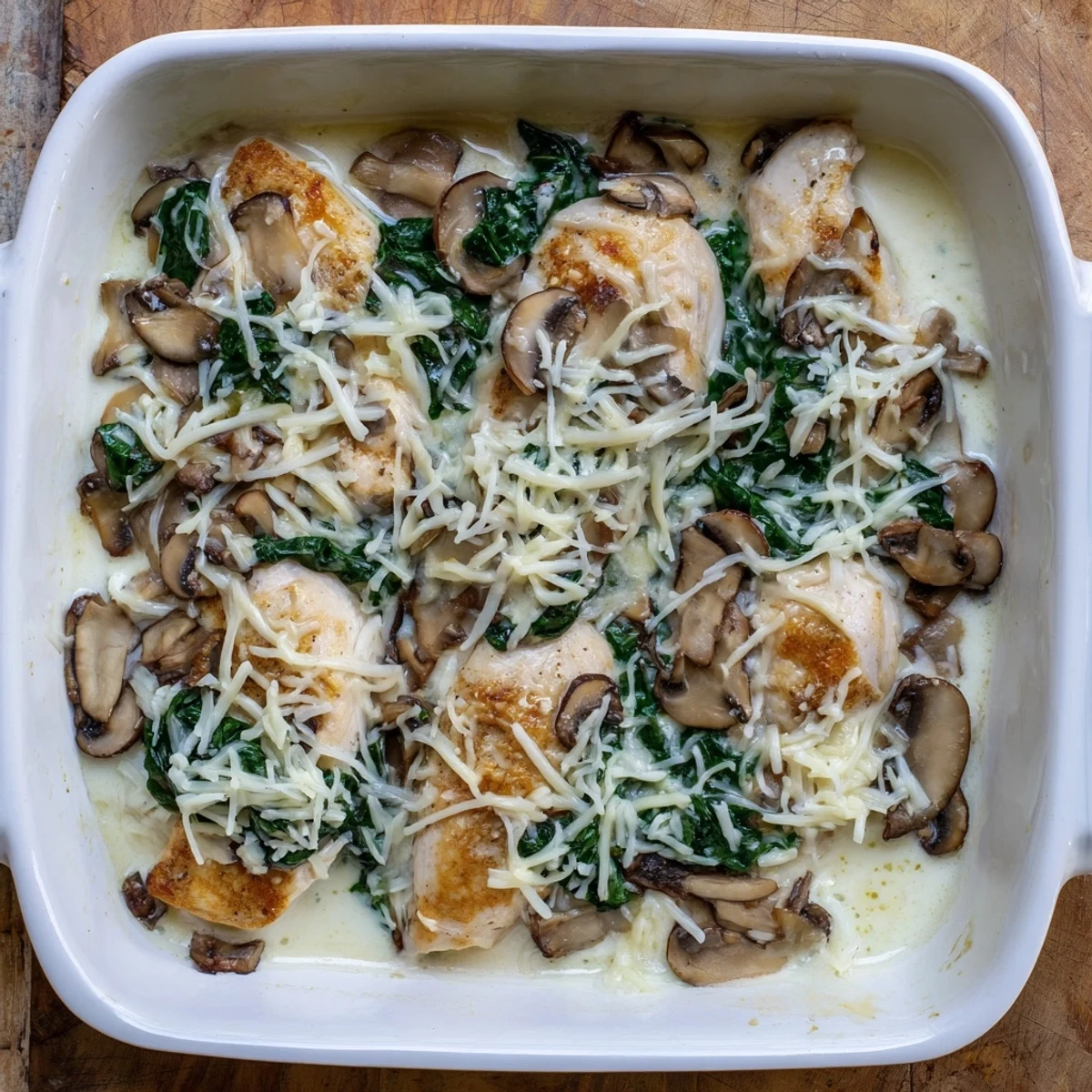 Savory baked chicken breasts nestled with wilted spinach and sliced mushrooms under melted cheese
