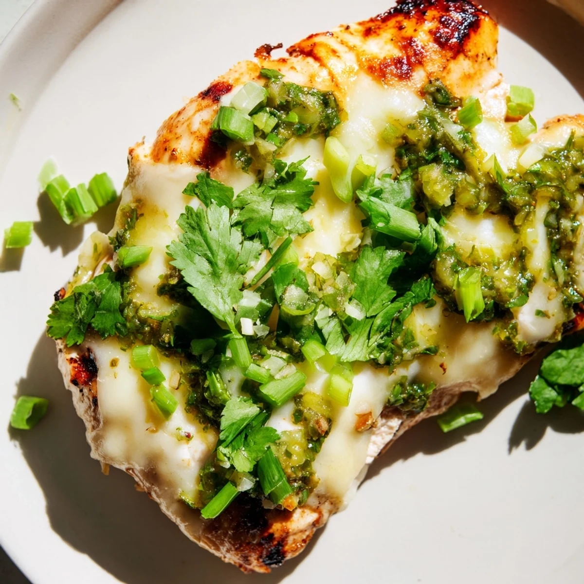 Perfectly grilled salsa verde pepper jack chicken garnished with fresh cilantro and sliced green onions