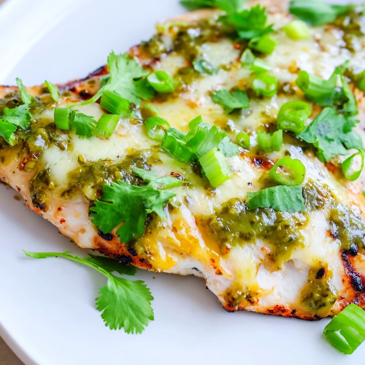 Juicy grilled chicken breasts topped with zesty salsa verde and melted pepper jack cheese on a platter