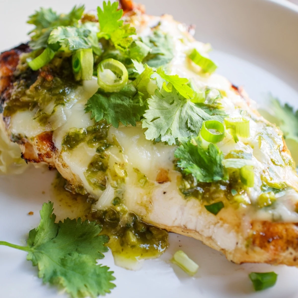 Smoky grilled chicken with bubbling pepper jack cheese and vibrant green salsa verde sauce drizzled on top
