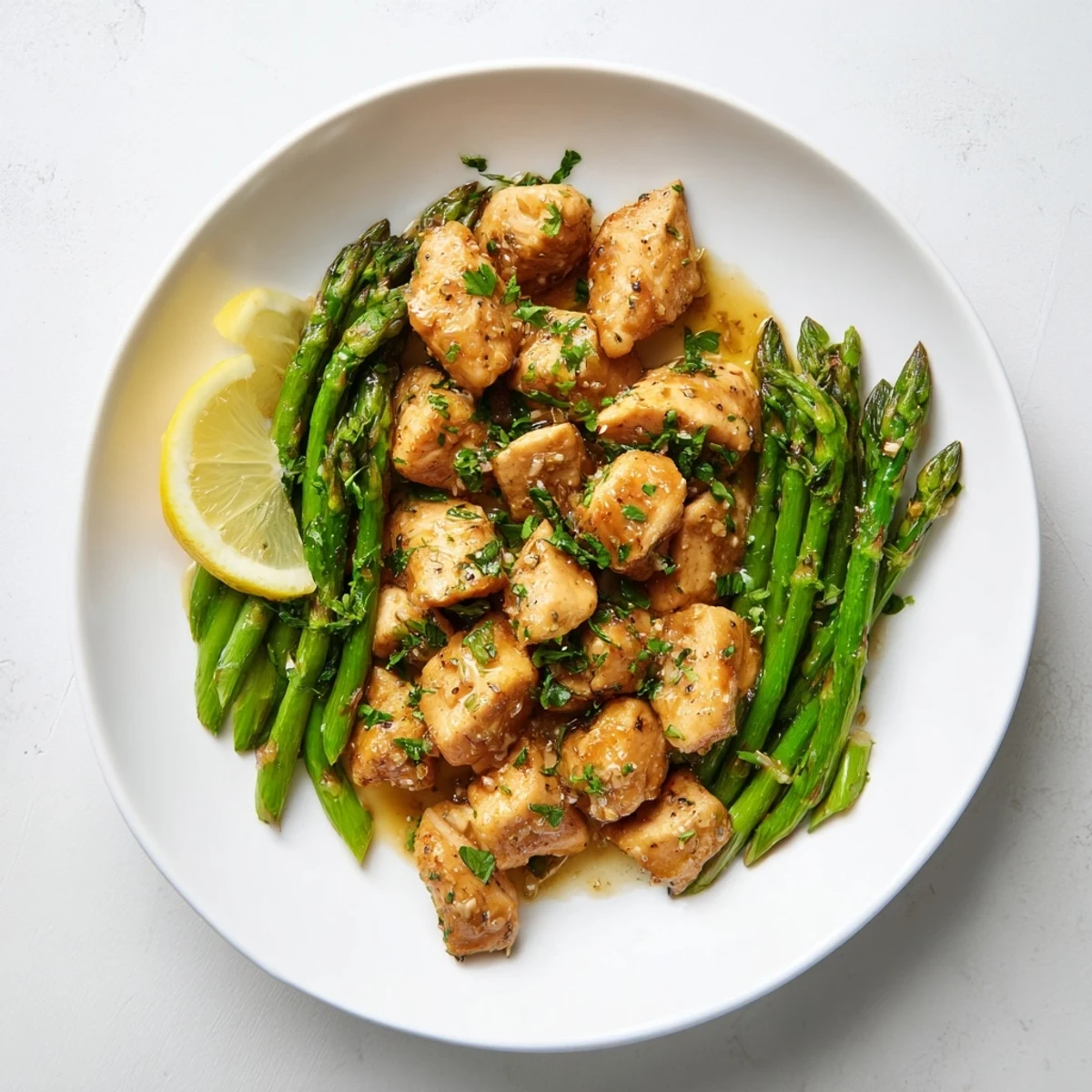 Golden pan-seared chicken bites with crisp asparagus spears coated in rich garlic butter sauce