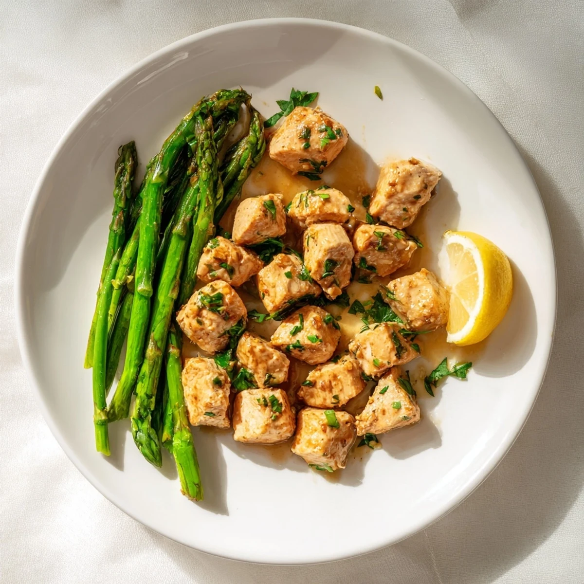 Weeknight dinner featuring juicy garlic butter chicken bites served alongside vibrant green asparagus pieces