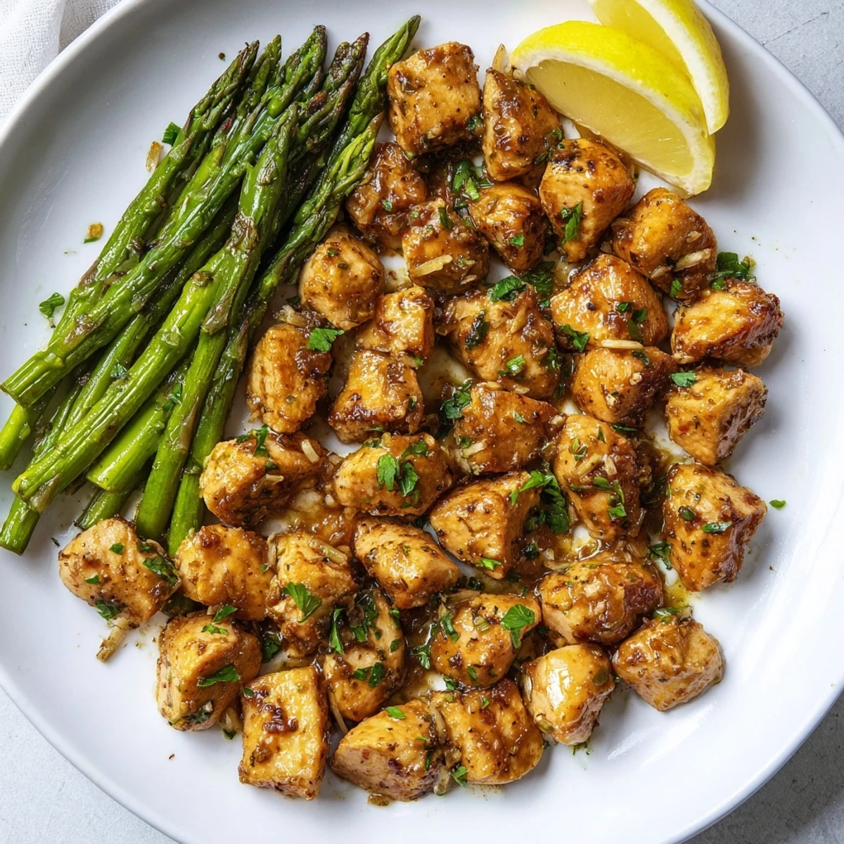 Tender cubed chicken and fresh asparagus swimming in melted butter with minced garlic and parsley