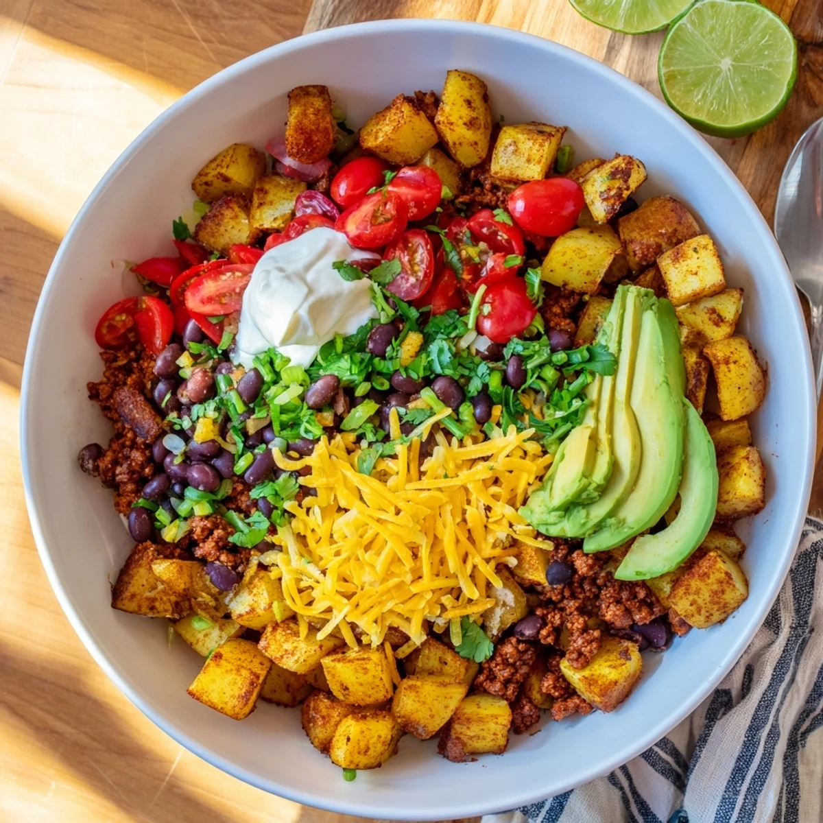 Hearty ground beef potato taco bowl topped with cheese, avocado, fresh tomatoes and sour cream