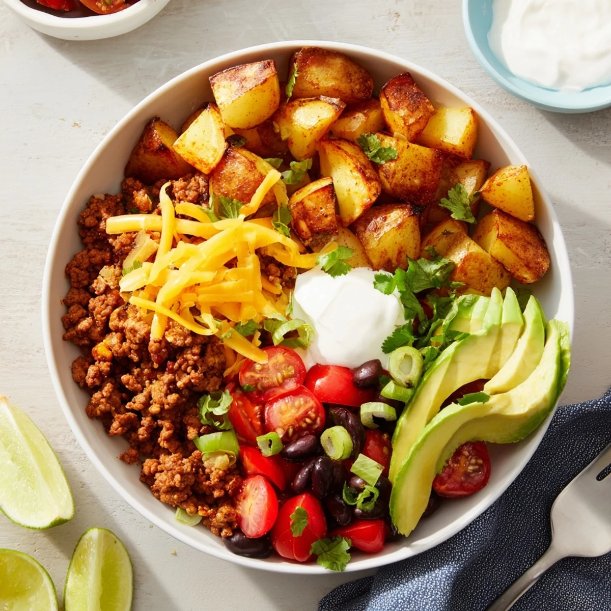 Sizzling seasoned ground beef and crispy roasted potatoes layered in a colorful Tex-Mex bowl