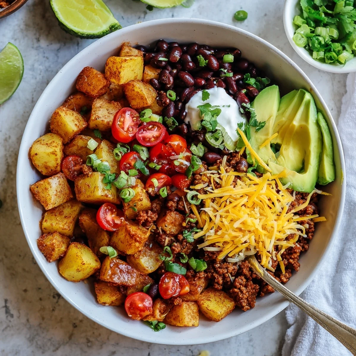 Golden roasted potatoes and spiced ground beef served with cilantro, avocado and zesty lime