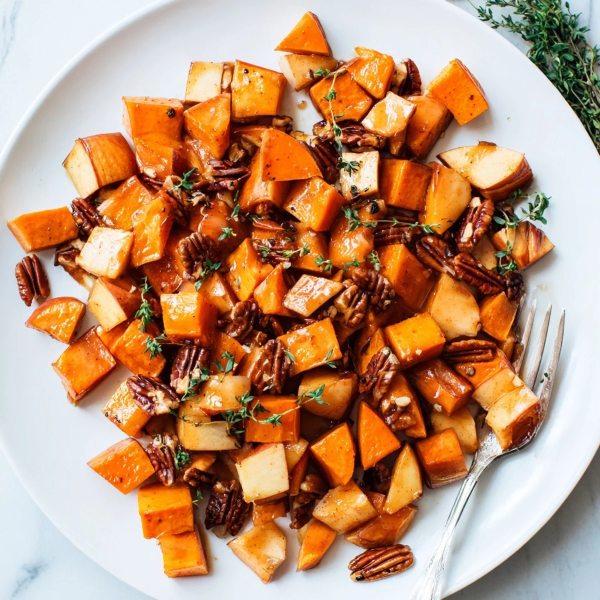Golden roasted sweet potatoes and apples glistening with warm cinnamon maple glaze on a white serving platter