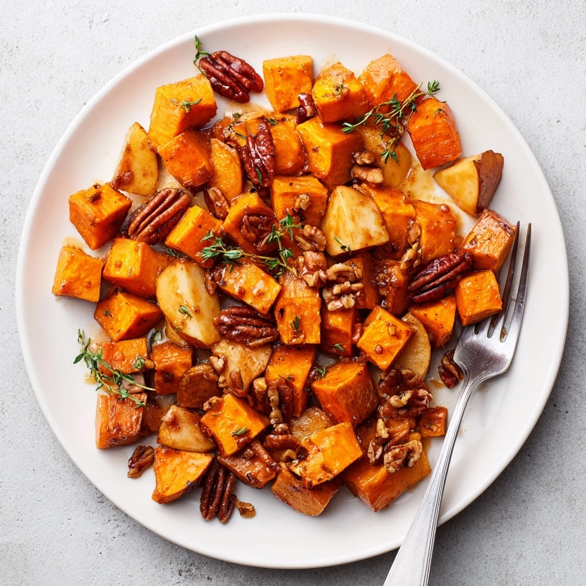 Caramelized sweet potato cubes and apple chunks tossed in sweet maple cinnamon seasoning and garnished with fresh thyme