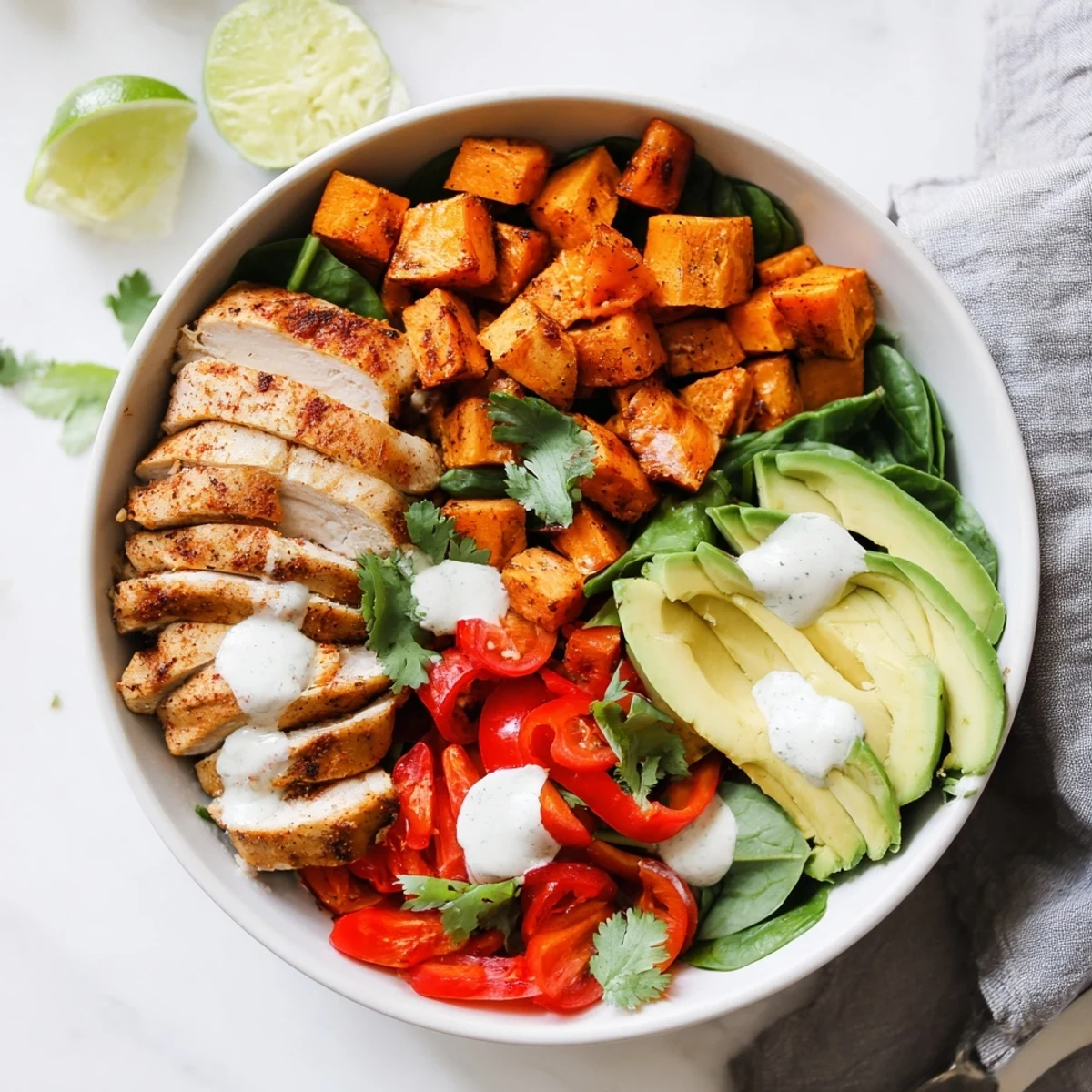 Colorful chicken sweet potato bowl featuring roasted chicken, caramelized sweet potatoes, fresh avocado, and vibrant vegetables