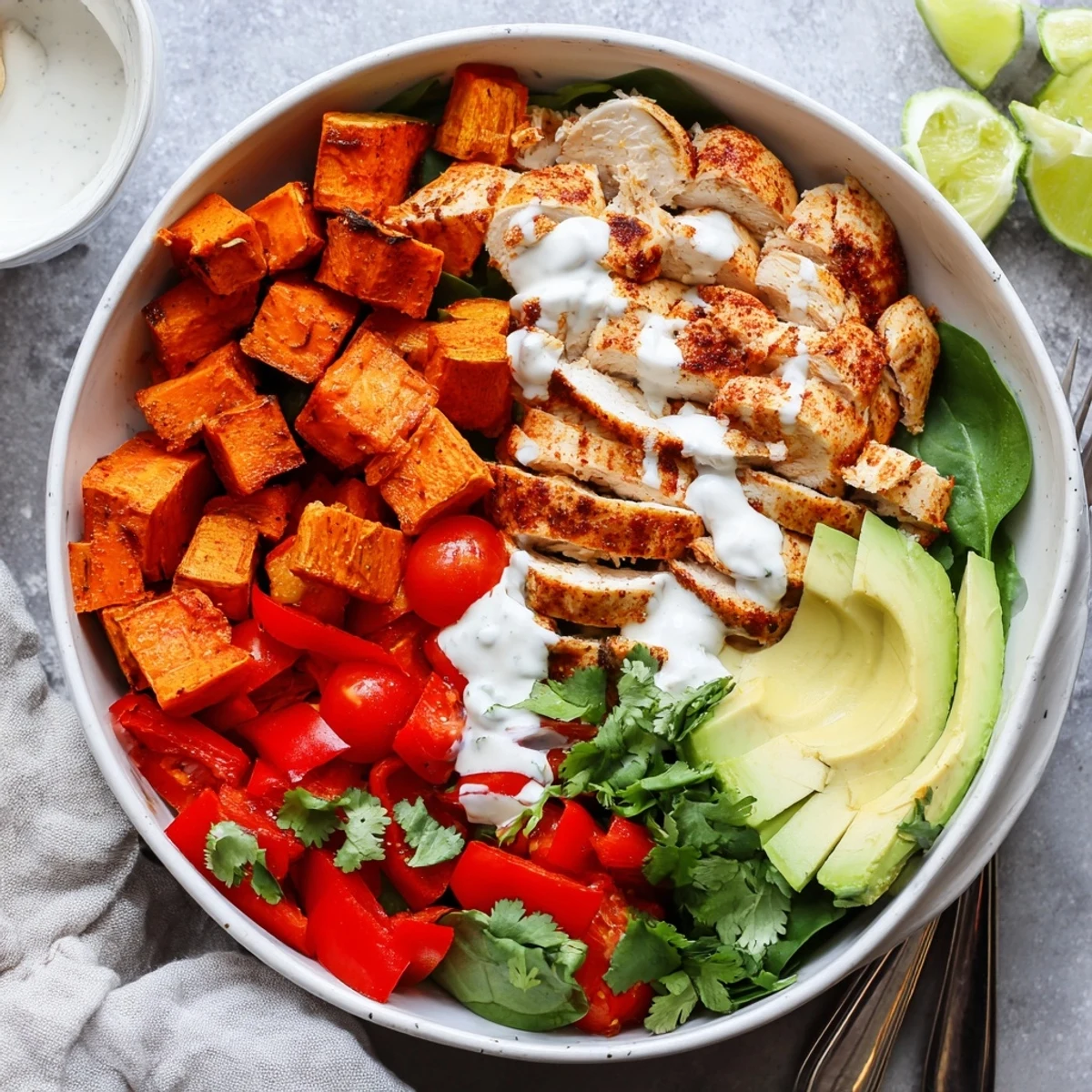 Healthy meal prep chicken sweet potato bowl arranged with tender sliced chicken, roasted sweet potatoes, baby spinach, and cherry tomatoes