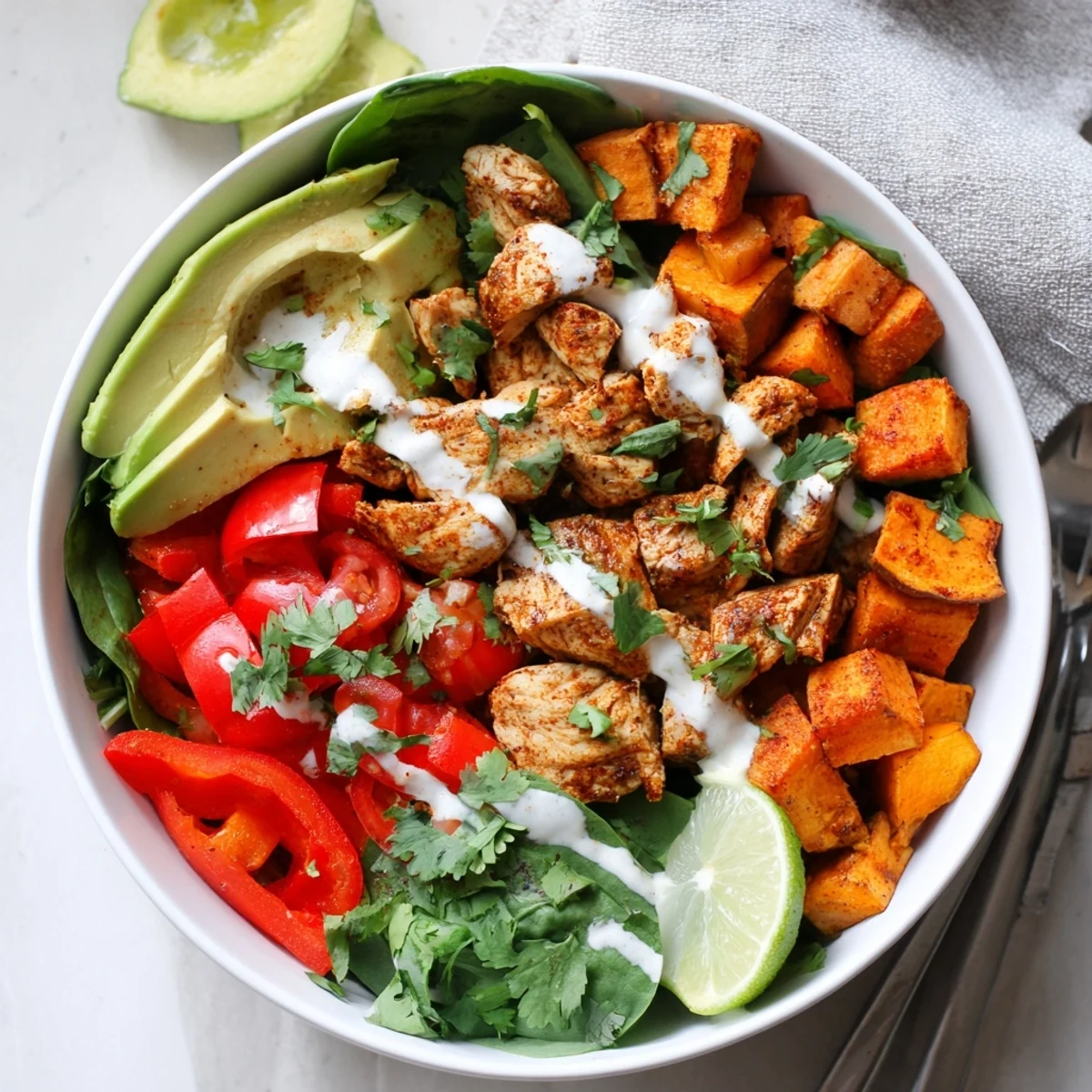 Nourishing chicken sweet potato bowl topped with creamy avocado slices, crisp bell peppers, and fresh cilantro garnish