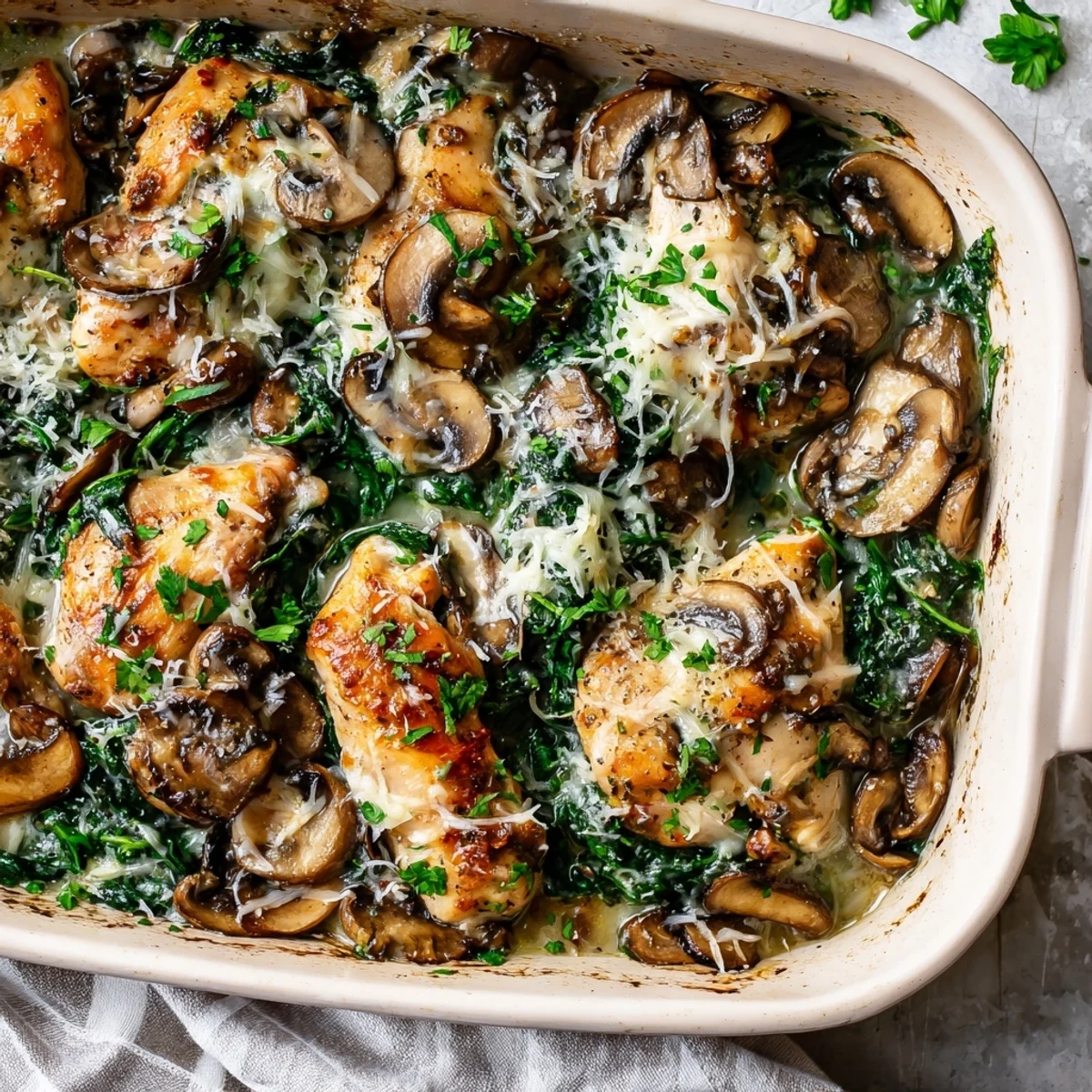 Creamy low carb chicken spinach mushroom bake featuring tender chicken pieces topped with bubbly golden cheese