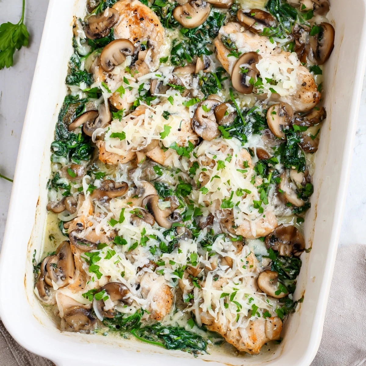 Golden brown chicken breasts nestled in a creamy low carb chicken spinach mushroom bake with melted mozzarella