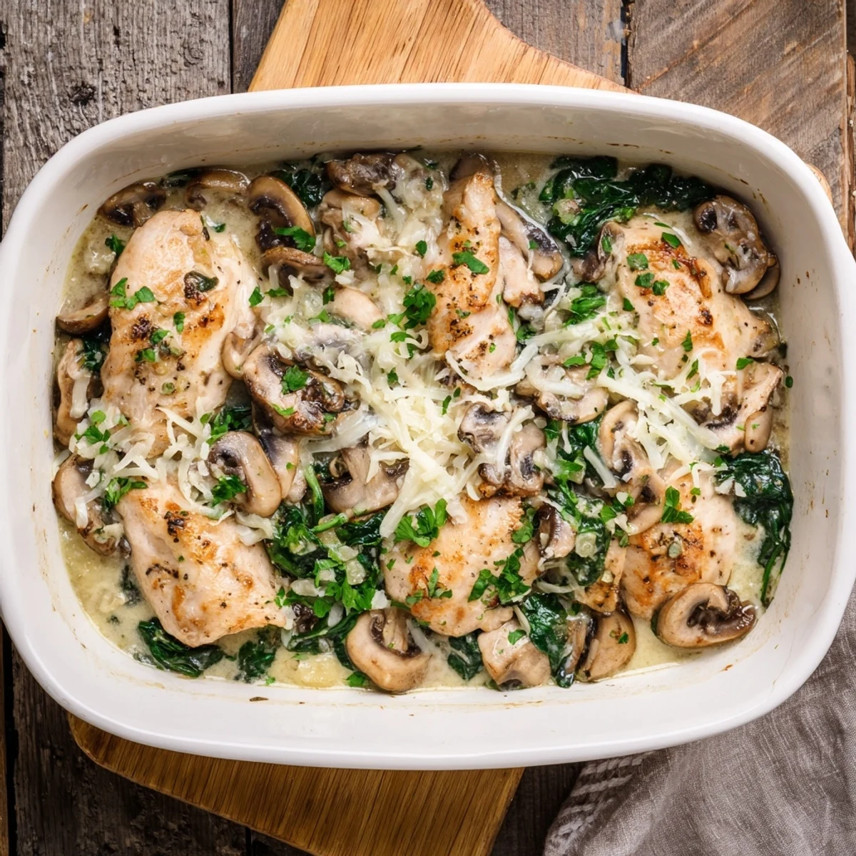 Bubbling low carb chicken spinach mushroom bake in a white dish with fresh parsley garnish and melted cheese topping