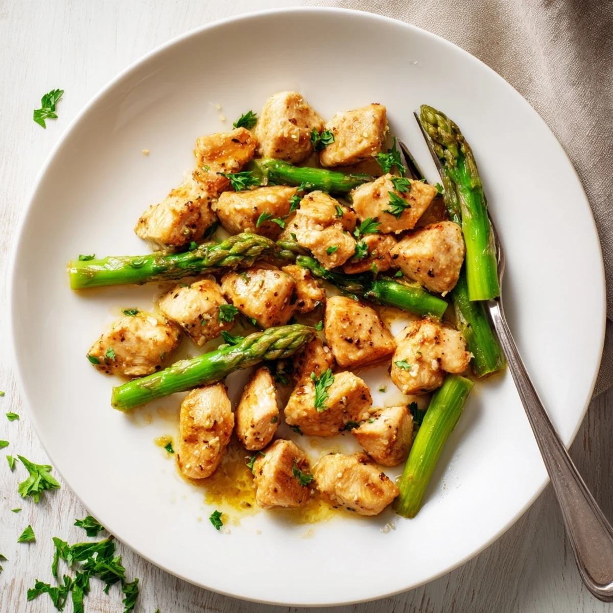 Golden brown chicken bites sizzling in garlic butter sauce alongside bright green asparagus spears