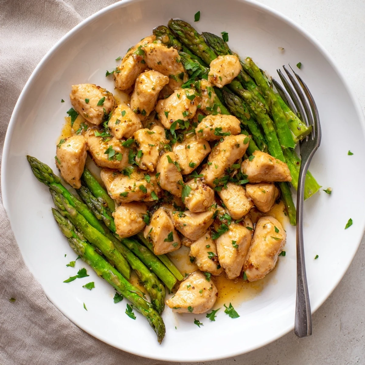 Tender garlic butter chicken bites with crisp asparagus arranged on a white serving plate