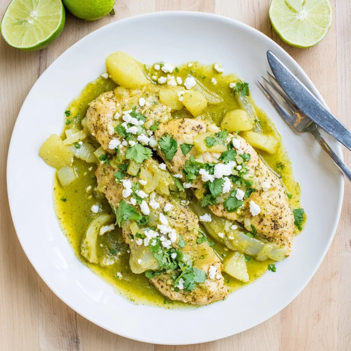 Golden pan-seared chicken breasts bubbling in vibrant green salsa verde sauce with melted queso fresco and fresh cilantro garnish