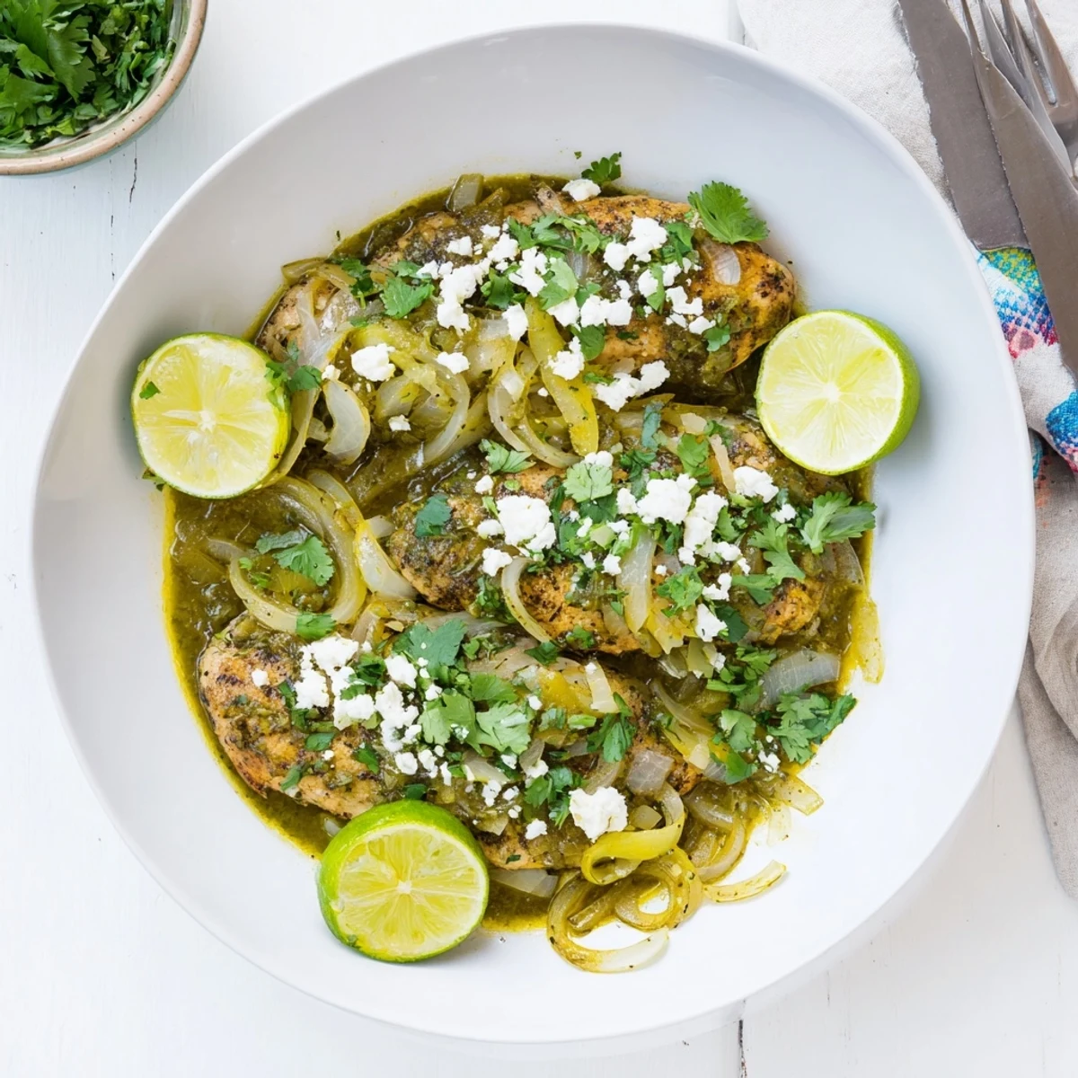 Tender simmered salsa verde chicken plated with zesty tomatillo sauce, white onions, and bright lime wedges for a tangy Mexican dinner