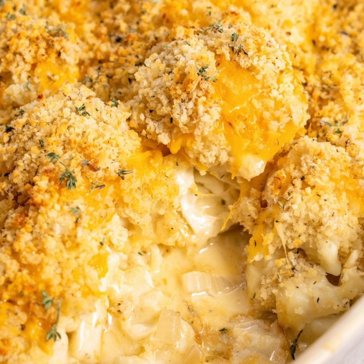 Creamy cauliflower casserole featuring tender florets smothered in rich melted cheese