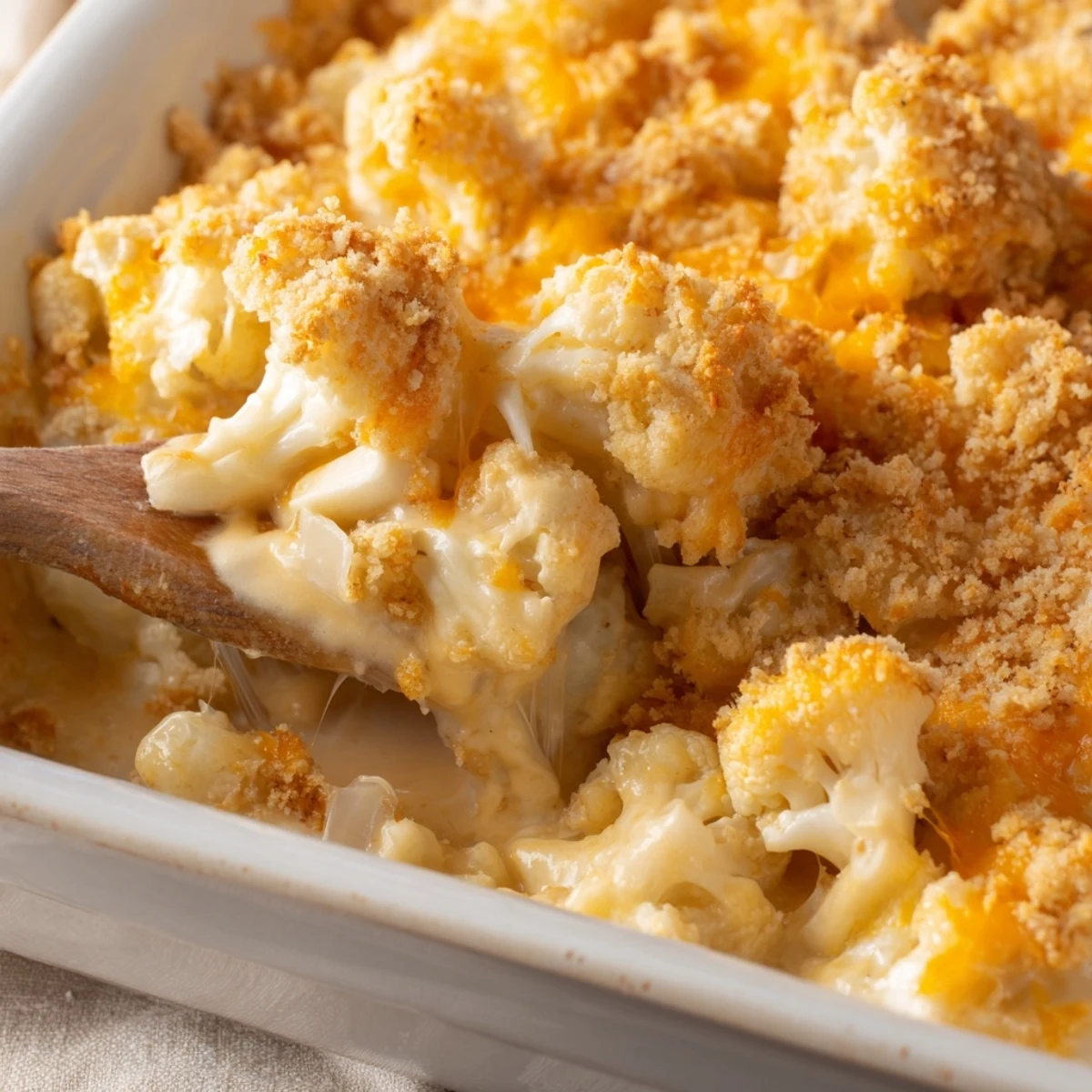 Golden baked cauliflower casserole with bubbling cheddar sauce and crispy breadcrumb topping
