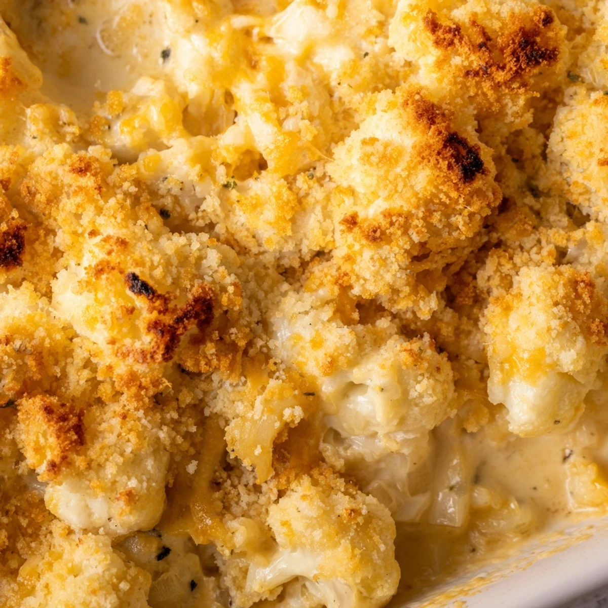 Comforting cauliflower casserole fresh from the oven with golden crunchy topping layer