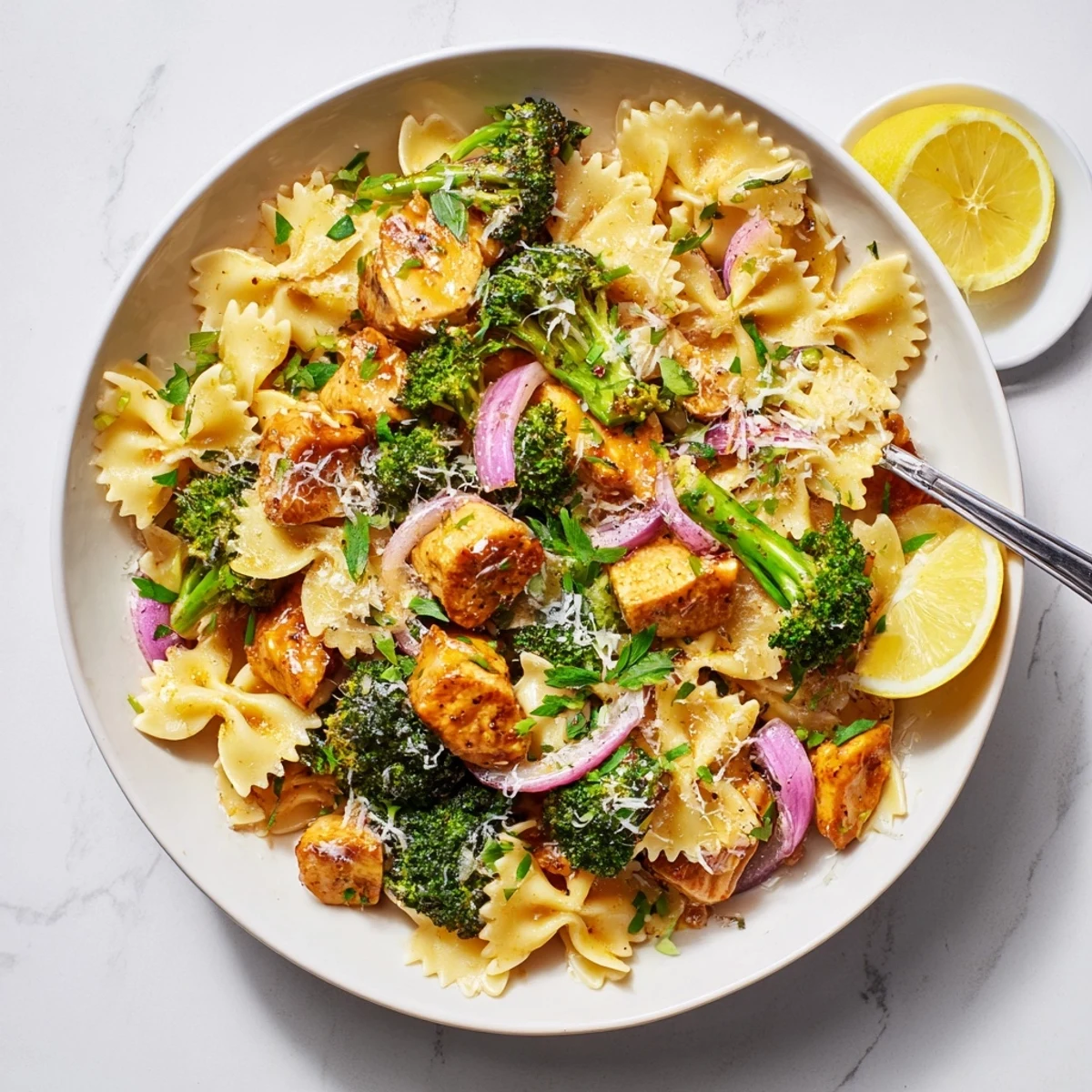 Golden bowtie pasta tossed with tender chicken and crisp broccoli in zesty cowboy butter lemon sauce