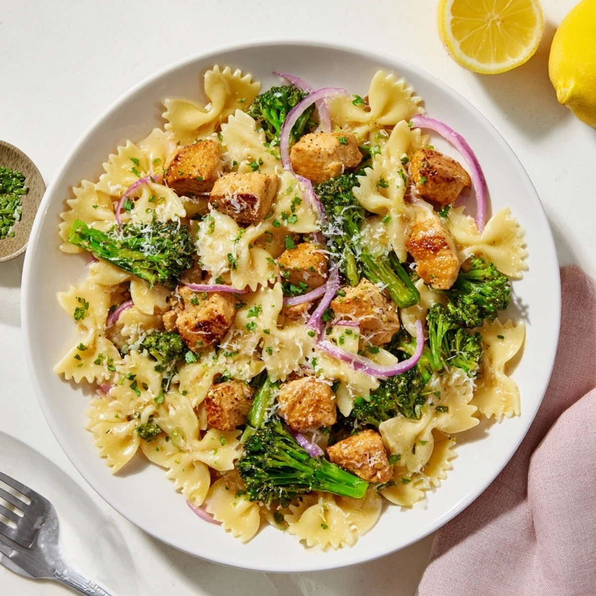 Creamy cowboy butter lemon pasta dinner featuring seasoned chicken pieces and vibrant green broccoli florets