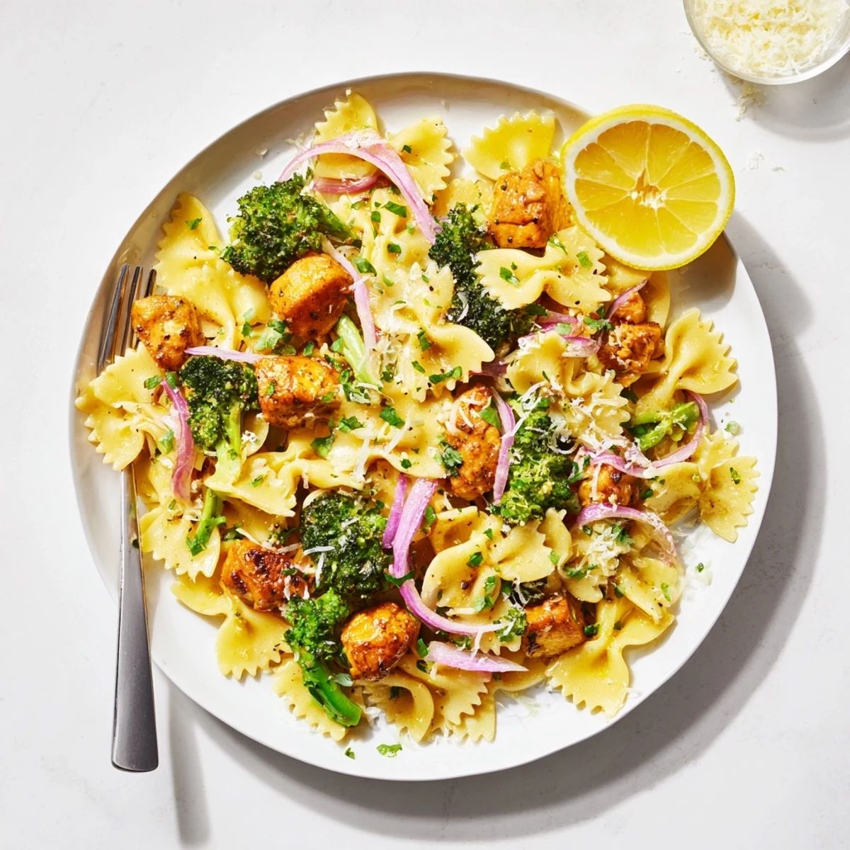 Savory chicken and broccoli farfalle bowl coated in rich citrus-infused butter sauce with fresh herbs