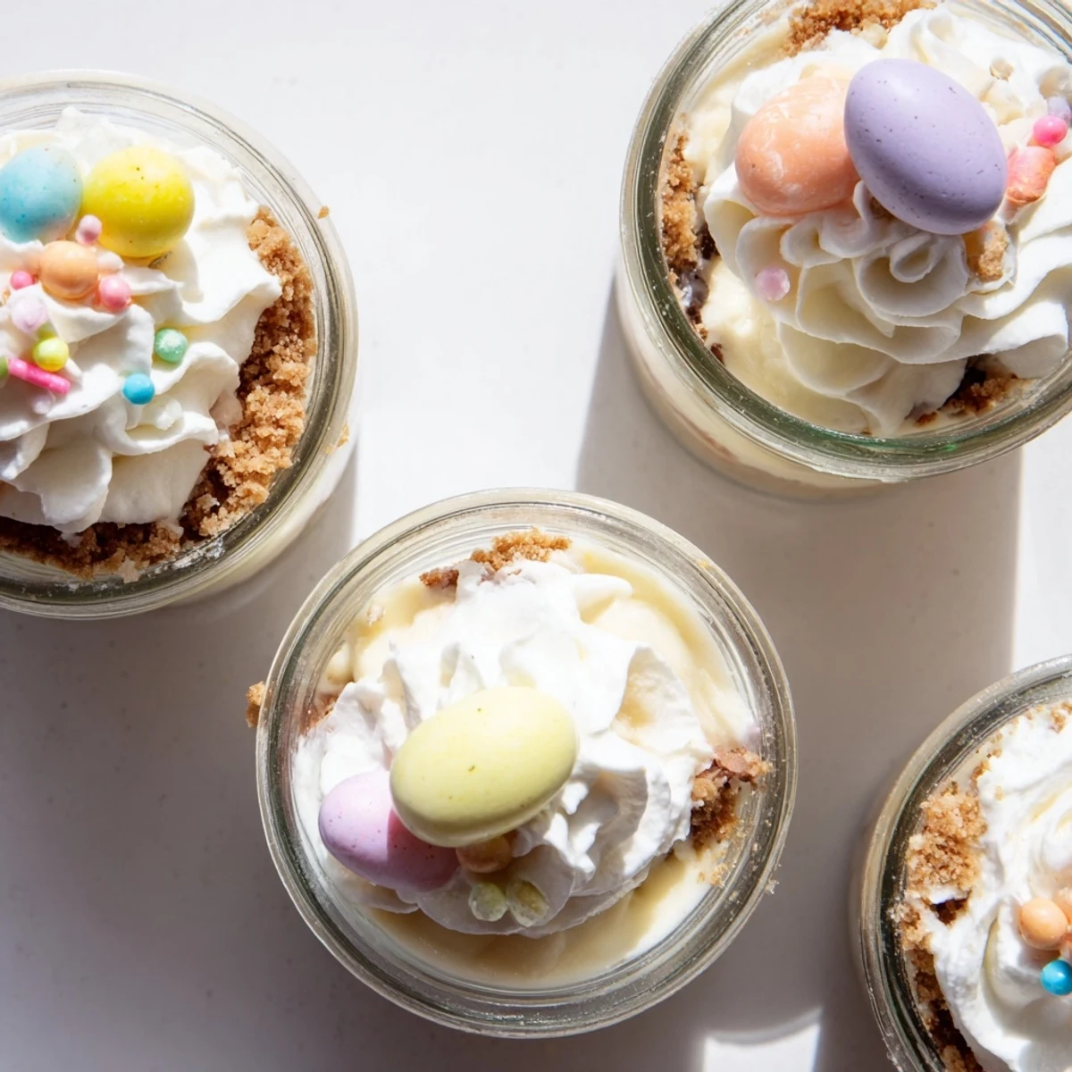 Festive Easter egg cheesecake jars layered with crushed cookies and creamy cheesecake filling topped with whipped cream and pastel sprinkles