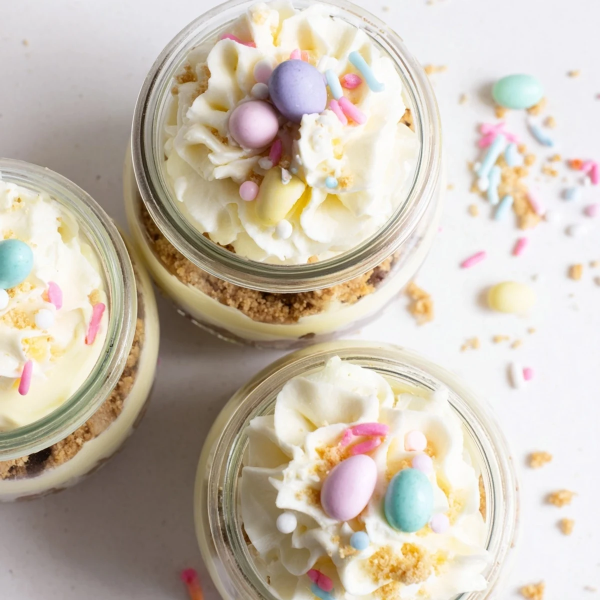 Individual Easter egg cheesecake jars showing golden cookie crust topped with fluffy white cream and colorful mini chocolate eggs