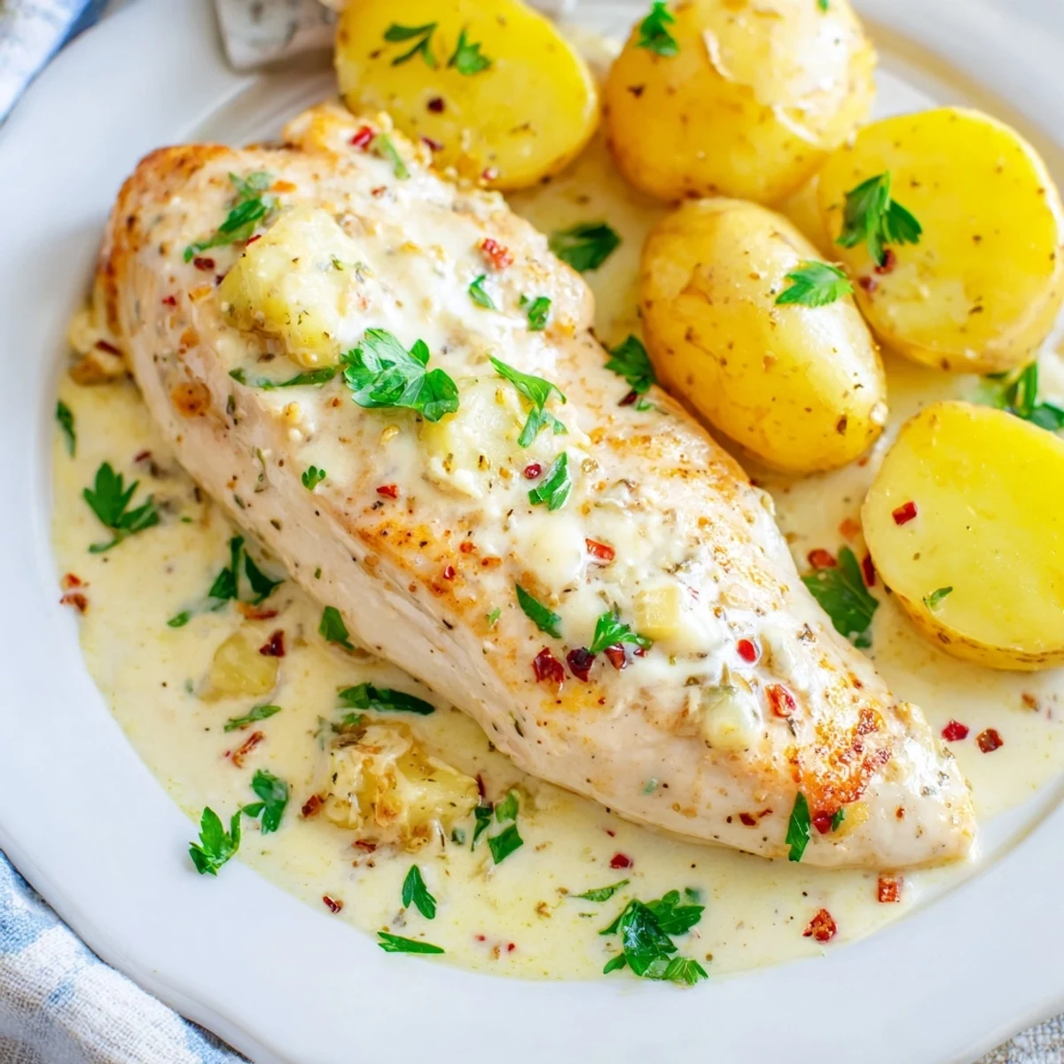 Golden chicken and baby potatoes nestled in a rich garlic Parmesan cream sauce garnished with fresh parsley