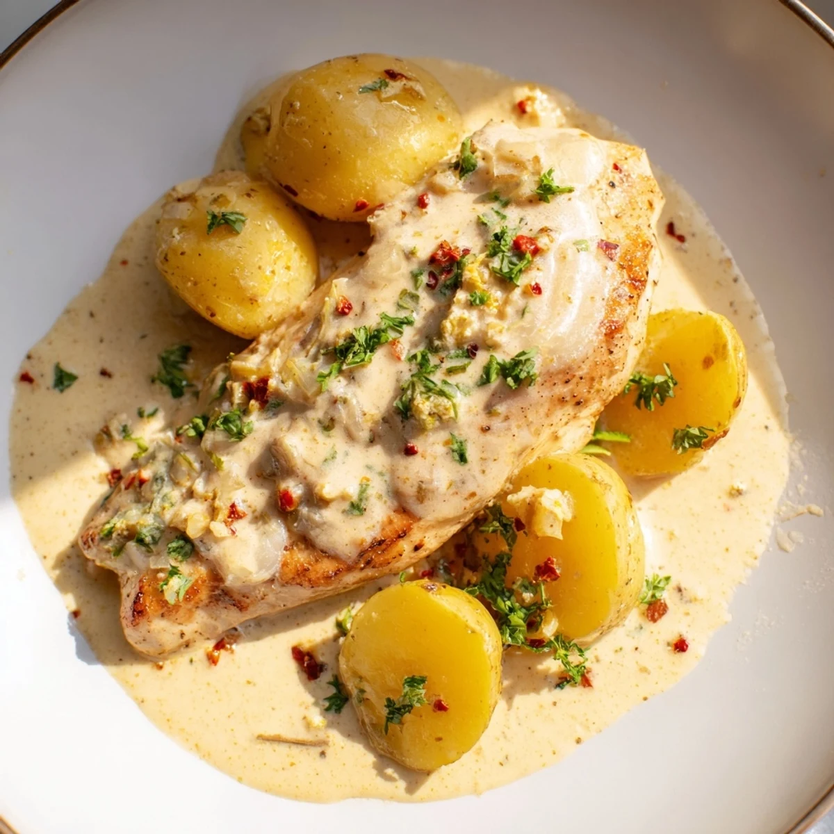 Tender baked chicken breasts with golden potatoes swimming in a creamy white garlic Parmesan sauce