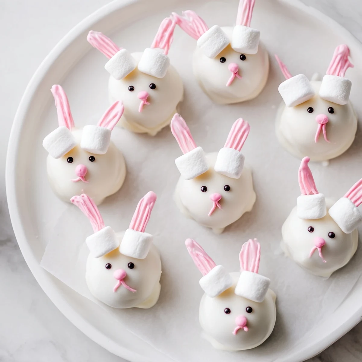 Adorable white chocolate bunny Oreo balls with marshmallow ears and tails displayed on a platter