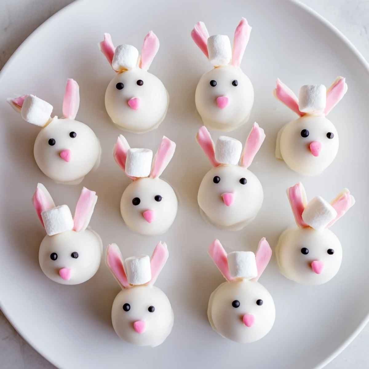 Creamy Oreo truffle mixture shaped into bunny heads and dipped in smooth white chocolate coating