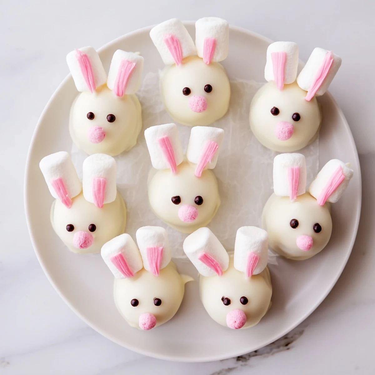 Easter dessert table featuring handmade bunny Oreo balls with pink candy details and cute faces