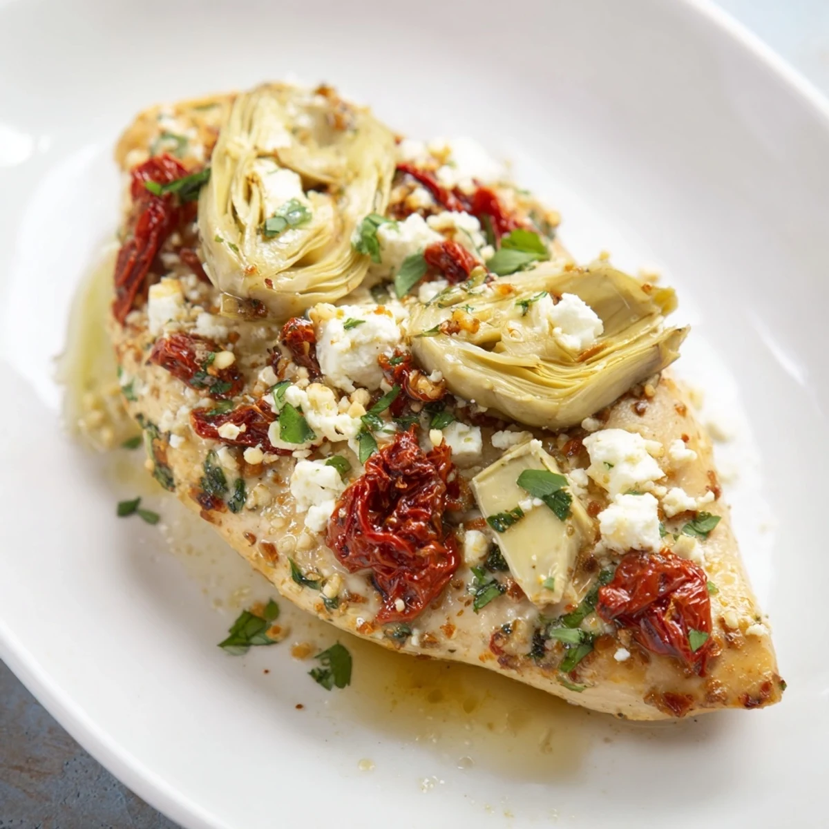 Golden broiled chicken topped with marinated artichoke hearts and crumbled feta cheese bubbling under the broiler