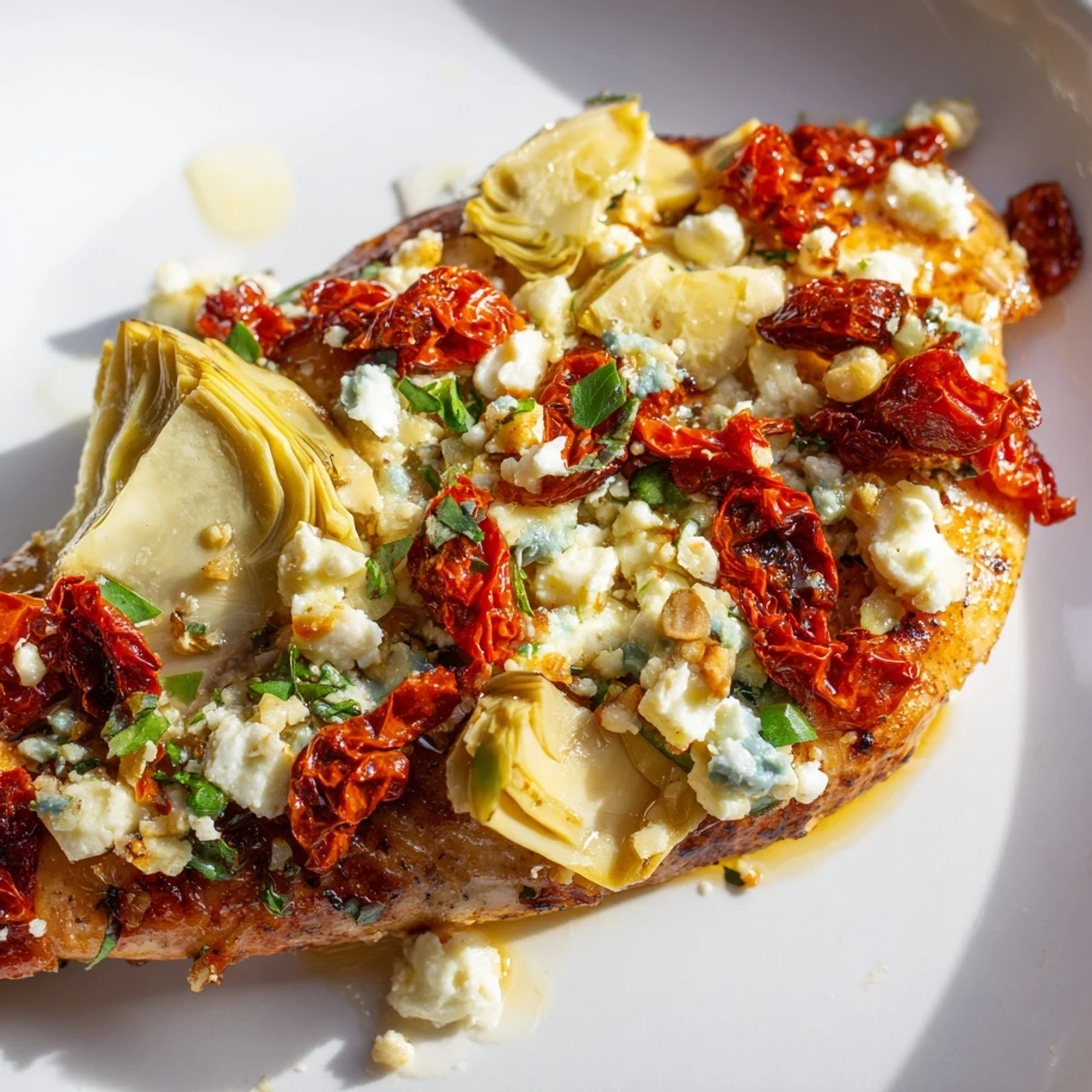 Tender Mediterranean-style broiled artichoke chicken with tangy feta, sun-dried tomatoes, and fresh green herbs