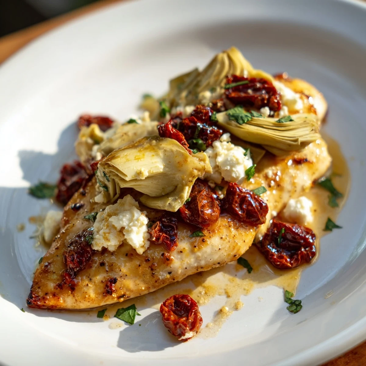 Chicken breasts broiled until golden and crowned with artichoke hearts, melted feta, and parsley garnish