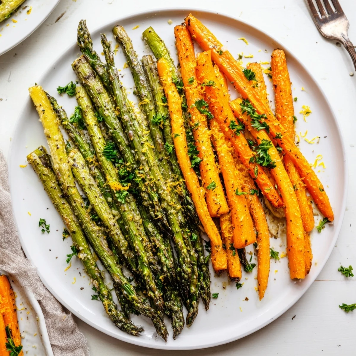 Golden roasted asparagus and caramelized carrot sticks arranged on a white serving platter with fresh parsley garnish