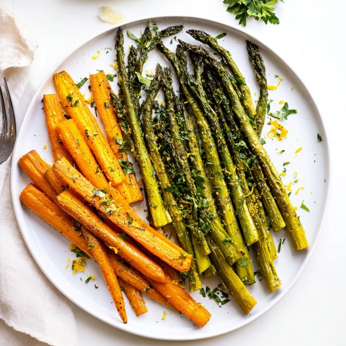 Vibrant vegetable side dish featuring perfectly roasted asparagus spears alongside golden brown carrot sticks with lemon zest topping