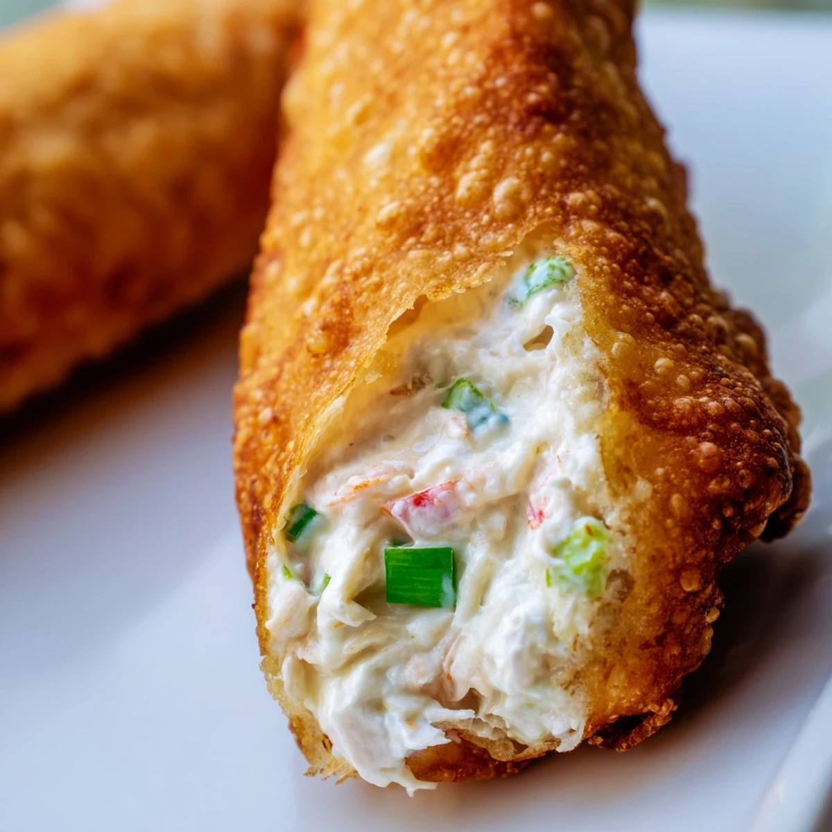 Close-up of crispy Crab Rangoon egg rolls sliced open revealing savory cream cheese and crab mixture