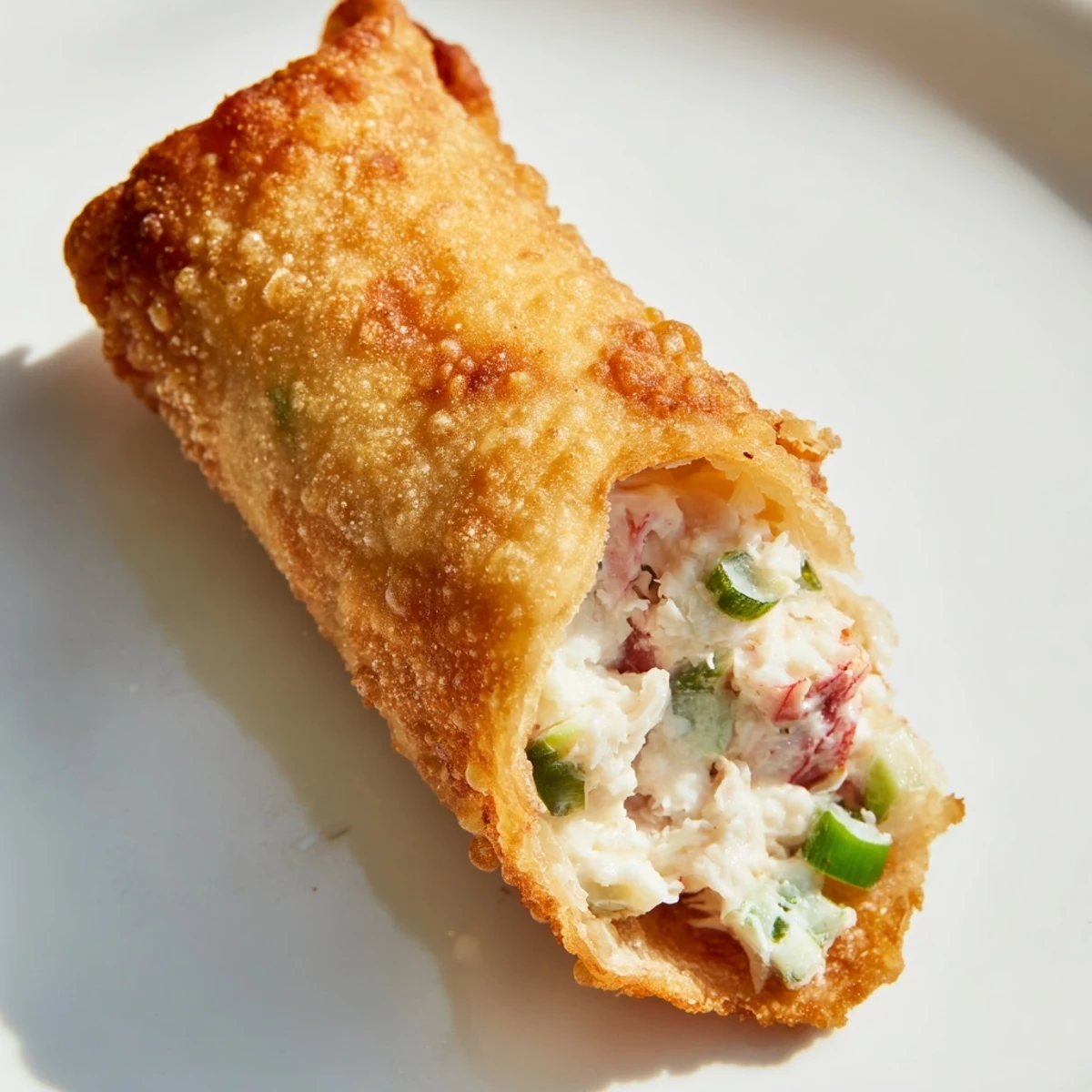 Hand holding crispy Crab Rangoon egg roll with sweet chili dipping sauce on dark background
