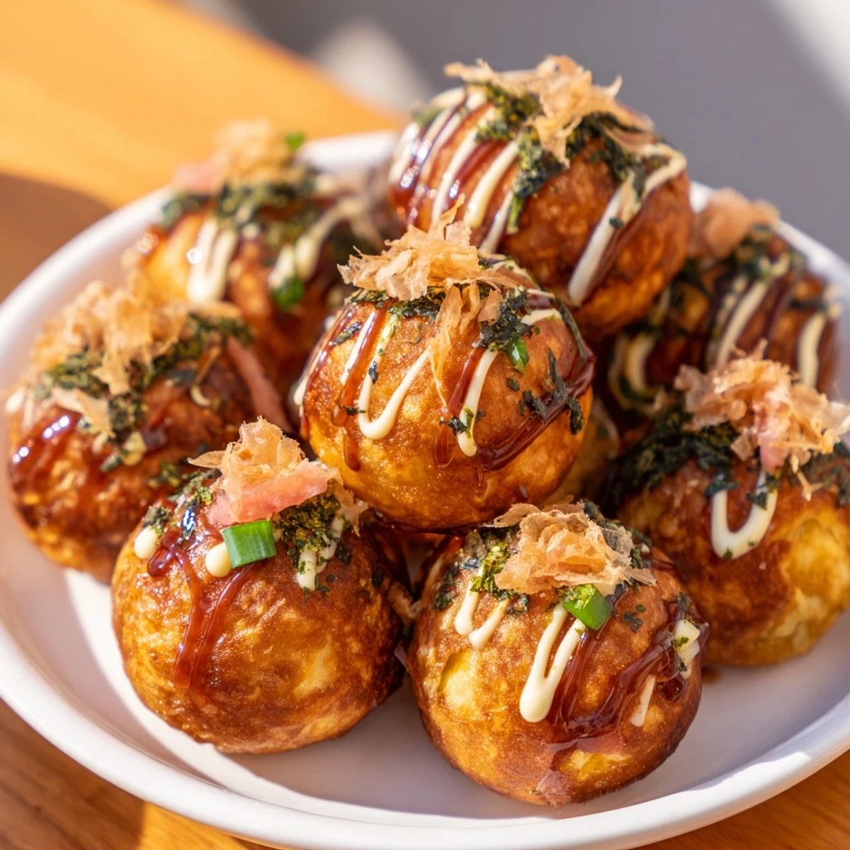 Golden brown Takoyaki balls drizzled with savory sauce and topped with dancing bonito flakes