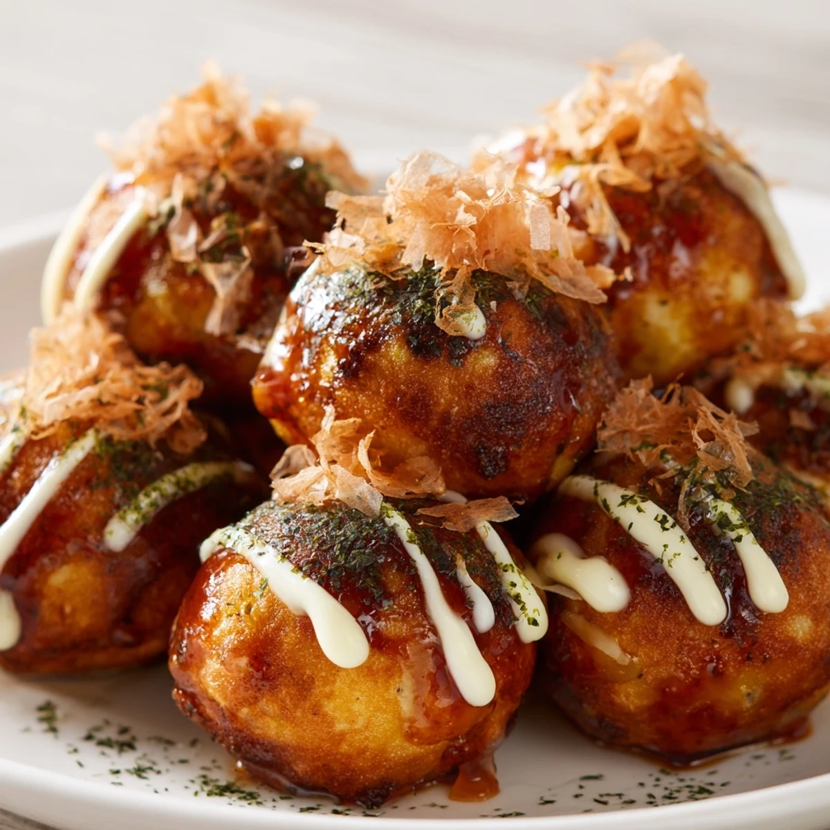 Crispy Japanese Takoyaki appetizers served hot with mayonnaise and dried seaweed sprinkles